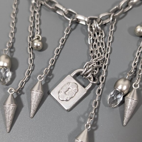 Lane Bryant Silver Tone Fringe Chain Charm Lock Statement Necklace 22" - Picture 4 of 9